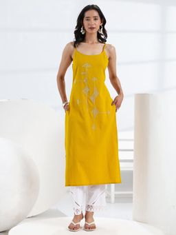 Libas - Mustard Geometric Thread Work Straight Kurta