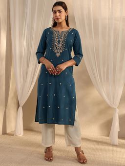 Libas - Blue Floral Embroidered Straight Kurta With Pocket
