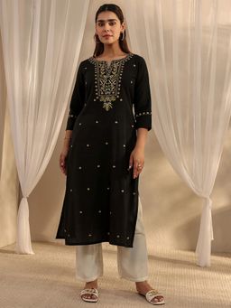 Libas - Black Floral Embroidered Straight Kurta With Pocket