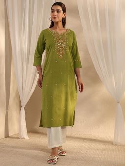 Libas - Green Floral Embroidered Straight Kurta With Pocket