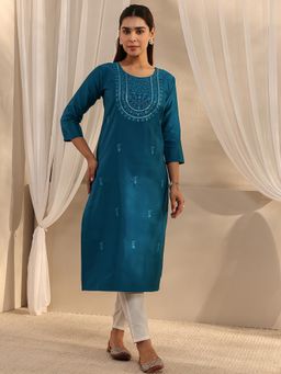 Libas - Blue Floral Mirror Work Straight Kurta