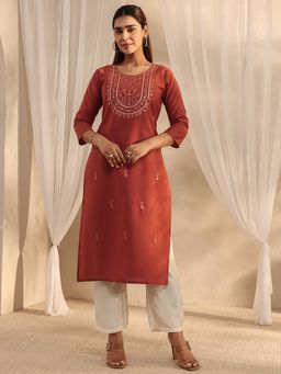 Libas - Rust Floral Mirror Work Straight Kurta