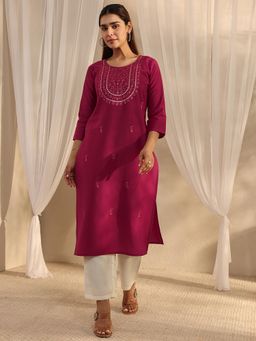 Libas - Maroon Floral Mirror Work Straight Kurta
