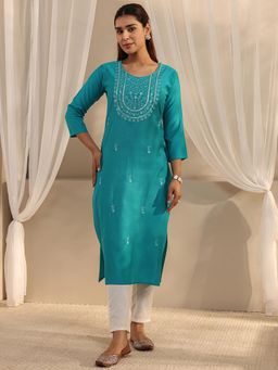 Libas - Turquoise Floral Mirror Work Straight Kurta