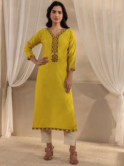 Libas - Mustard Ethnic Motif Yoke Design Straight Kurta