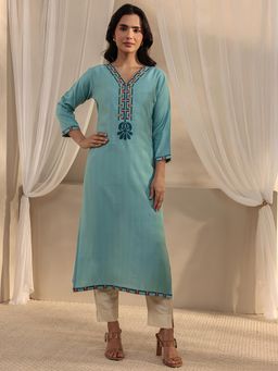 Libas - Blue Ethnic Motif Yoke Design Straight Kurta