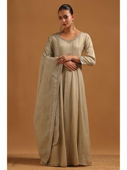 Soch - Women Beige Tissue Woven Design Gown With Dupatta