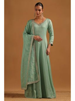 Soch - Women Turquoise Blue Tissue Woven Design Gown With Beads And Stones
