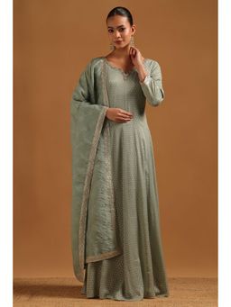 Soch - Women Powder Blue Tissue Woven Design Gown With Beads And Stones