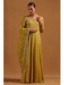 Soch - Women Mustard Tissue Woven Design Gown With Beads And Stones