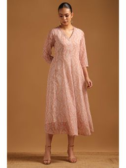 Soch - Women Peach Georgette Ethnic Motifs Dress With Thread Work