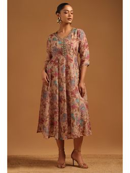 Soch - Women Beige Organza Botanical Dress With Printed And Cutdana Details