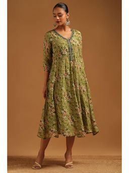 Soch - Women Green Organza Floral Dress With Hand Printed And Cutdana Details