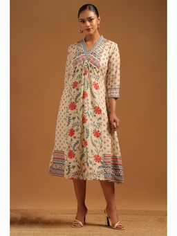 Soch - Women Cream Mul Chanderi Botanical Dress With Pearl Details