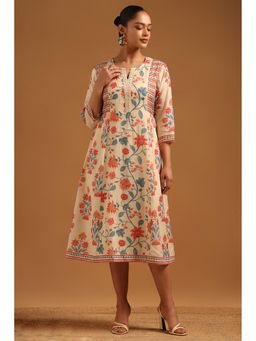 Soch - Women Cream Mul Chanderi Botanical Dress