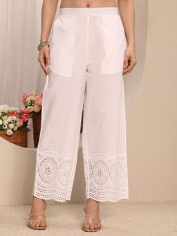 Libas - White Solid Schiffli Hem Wide Leg Palazzo With Slant Pockets
