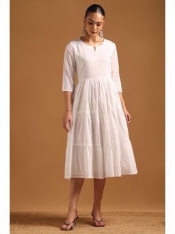 Soch - Women Off White Cotton Dobby Woven Design Dress