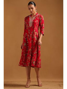 Soch - Women Fuchsia Rayon Floral Print Dress With Zardozi