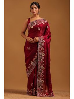 Soch - Women Maroon Organza Botanical Saree With Zari Embroidery With Unstitched Blouse