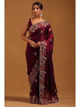 Soch - Women Wine Organza Botanical Saree With Zari Embroidery And Stone Work With Unstitched Blouse