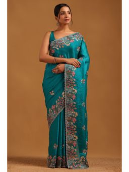Soch - Women Teal Organza Botanical Saree With Zari Embroidery And Stone Work With Unstitched Blouse