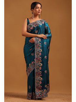 Soch - Women Blue Organza Botanical Saree With Zari Embroidery And Stone Work With Unstitched Blouse