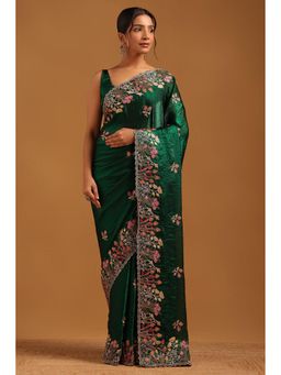 Soch - Women Green Organza Botanical Saree With Zari Embroidery And Stone Work With Unstitched Blouse