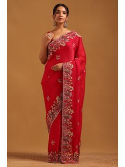 Soch - Women Maroon Organza Botanical Saree With Zari Embroidery With Unstitched Blouse