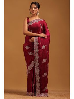 Soch - Women Wine Organza Floral Saree With Zari Embroidery And Stone Work With Unstitched Blouse