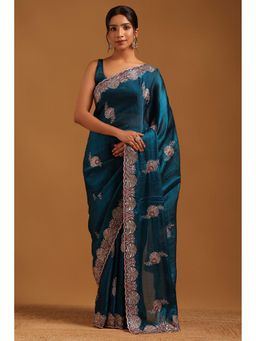 Soch - Women Blue Organza Floral Saree With Zari Embroidery And Stone Work With Unstitched Blouse