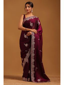 Soch - Women Purple Organza Floral Saree With Zari Embroidery And Stone Work With Unstitched Blouse