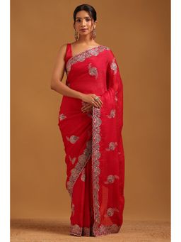 Soch - Women Red Organza Floral Saree With Zari Embroidery And Stone Work With Unstitched Blouse