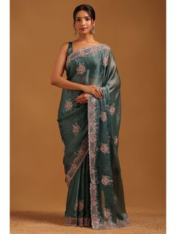 Soch - Women Green Fendy Organza Ethnic Motif Saree With Zari Embroidery With Unstitched Blouse