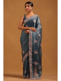 Soch - Women Grey Fendy Organza Ethnic Motifs Saree With Zari Embroidery With Unstitched Blouse