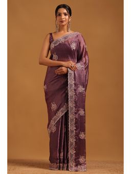 Soch - Women Purple Fendy Organza Ethnic Motifs Saree With Zari Embroidery With Unstitched Blouse