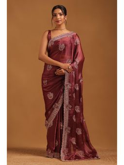 Soch - Women Onion Pink Fendy Organza Botanical Saree With Zari Embroidery With Unstitched Blouse