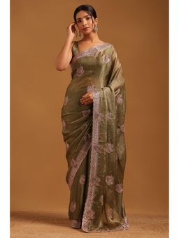 Soch - Women Olive Fendy Organza Botanical Saree With Zari Embroidery With Unstitched Blouse