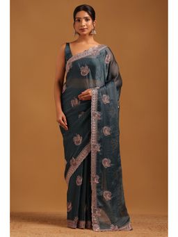 Soch - Women Blue Fendy Organza Botanical Saree With Zari Embroidery With Unstitched Blouse