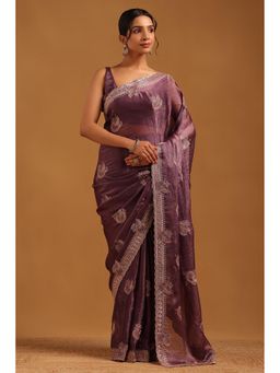 Soch - Women Purple Fendy Organza Botanical Saree With Zari Embroidery With Unstitched Blouse