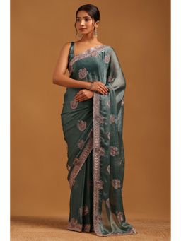Soch - Women Turquoise Blue Fendy Organza Botanical Saree With Zari Embroidery With Unstitched Blouse