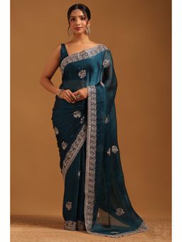 Soch - Women Blue Fendy Organza Floral Saree With Swarovski Stone Work With Unstitched Blouse