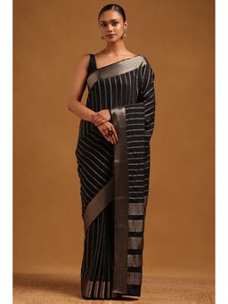 Soch - Women Black Embellished Striped Saree With Zari Work With Unstitched Blouse