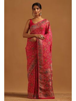 Soch - Women Fuchsia Georgette Bird Motifs Saree With Bandhani Work With Unstitched Blouse