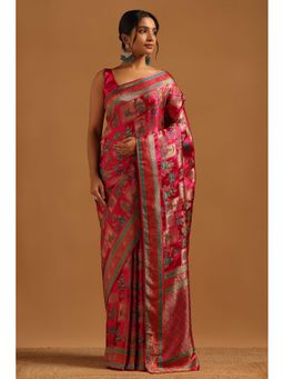 Soch - Women Fuchsia Satin Ethnic Motif Printed Saree With Unstitched Blouse