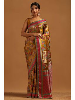 Soch - Women Mustard Satin Ethnic Motif Printed Saree With Unstitched Blouse