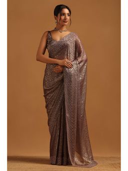 Soch - Women Mauve Fendy Chiffon Floral Print Embellished Saree With Unstitched Blouse