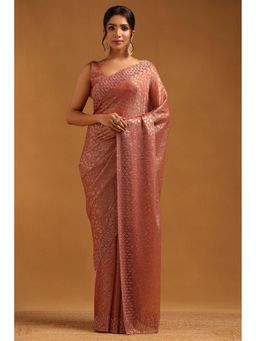 Soch - Women Onion Pink Fendy Chiffon Floral Print Embellished Saree With Unstitched Blouse