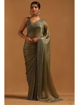 Soch - Women Olive Fendy Chiffon Floral Print Embellished Saree With Unstitched Blouse