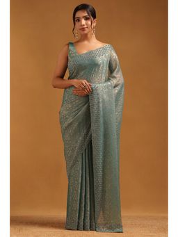 Soch - Women Turquoise Blue Fendy Chiffon Floral Print Embellished Saree With Unstitched Blouse
