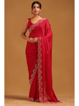 Soch - Women Fuchsia Fendy Organza Embellished Saree With Stone Work With Unstitched Blouse